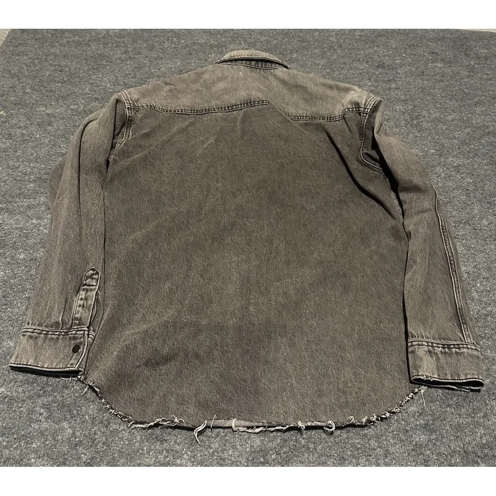 Allsaints Men's XS/S Black Denim Snap Button Shacket Trucker Distressed Frayed